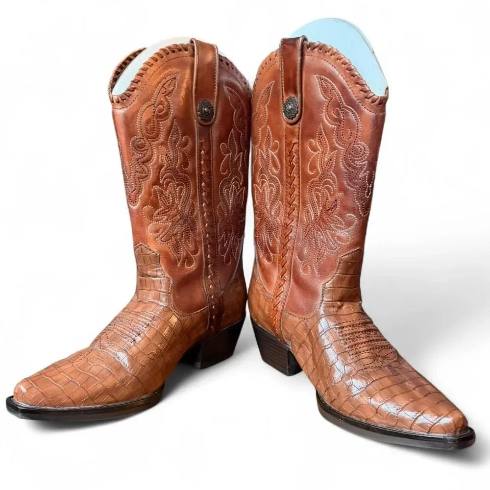 Earth Spirit Maize Leather Cowboy Western Boots Brown Croc Embossed W7M6EU 37.5